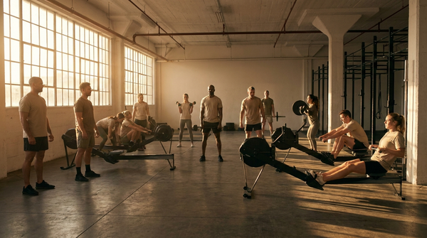Athletes training together in a gym at sunrise