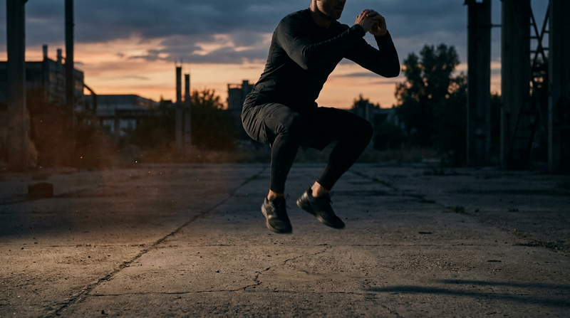 Athlete performing an explosive jump squat outdoors at dusk