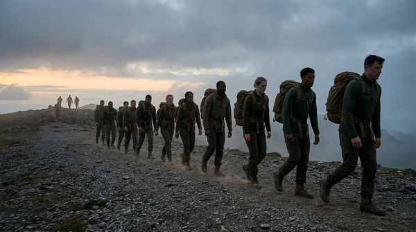 Athletes ruck marching with heavy packs along a misty ridgeline trail during military ruck training