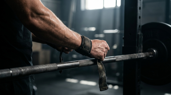 Close-up of wrapping a wrist strap around a barbell