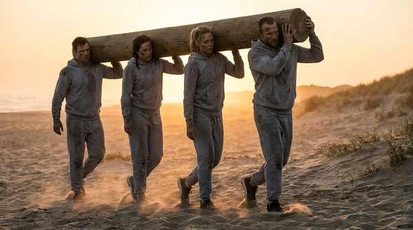 Team of athletes carrying a heavy log together during selection-style training