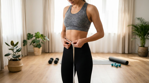 Athlete measuring waist with a tape measure to check waist-to-height ratio for the military tape test