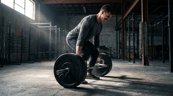 Athlete performing a heavy trap bar deadlift in a gym