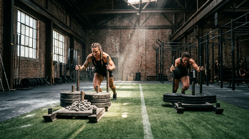 Athletes pushing loaded sleds across turf lanes in an industrial functional fitness gym