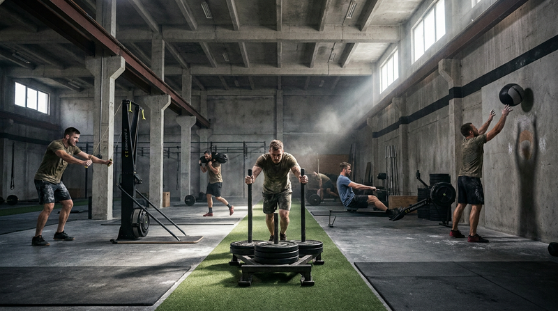 Athletes training across multiple functional fitness stations including sled push, SkiErg, and rowing in a large industrial gym