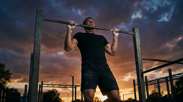 Athlete performing pull-ups on an outdoor bar at dusk