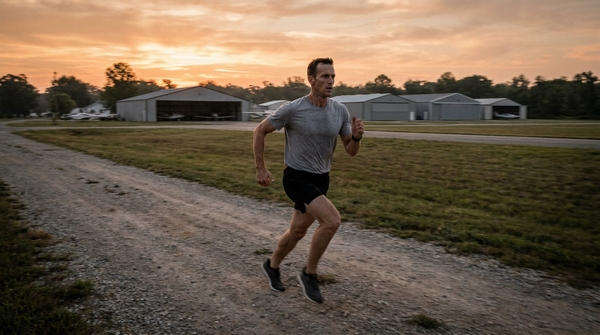 Athlete running along an airfield trail at dawn during TACP training prep