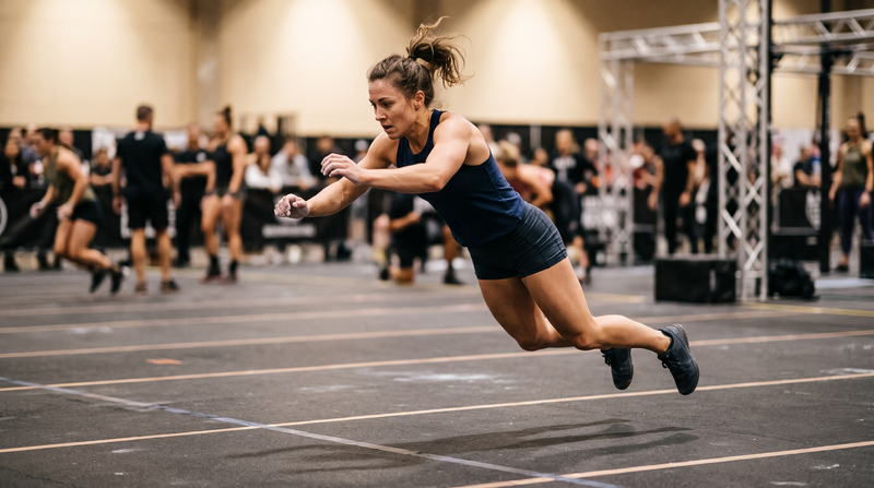 Athlete jumping forward during burpee broad jumps on a marked lane