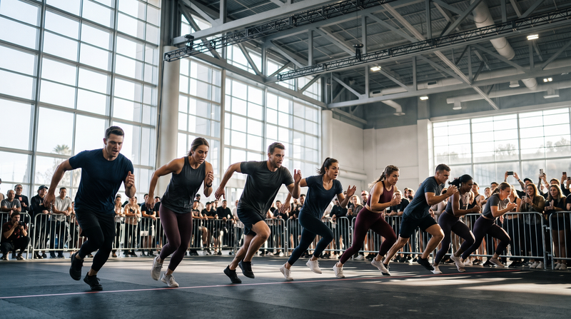 Start wave of athletes sprinting off the line in a bright coastal convention center