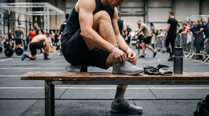 Athlete lacing grey training shoes on a bench with gloves and a water bottle before a fitness race