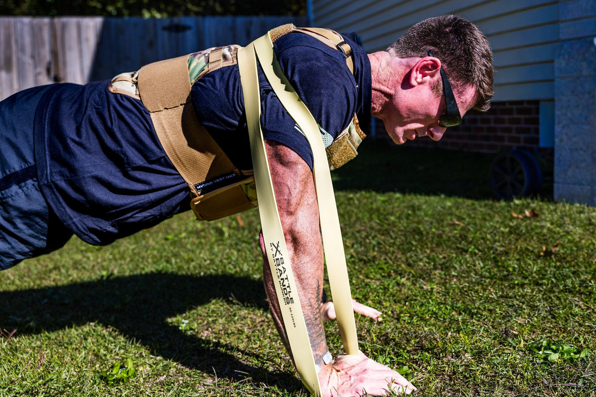 Dan Fahey of Gritty Soldier doing banded push-ups with the heavy Battle Band