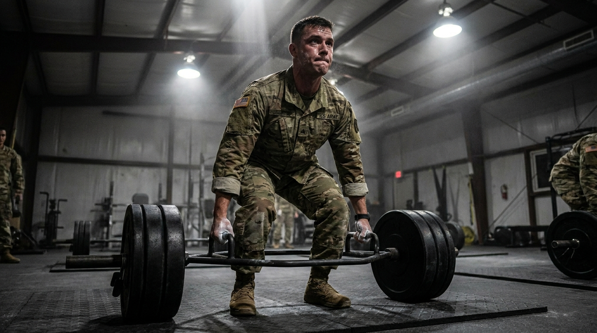 U.S. Army soldier performing hex bar deadlift for ACFT training