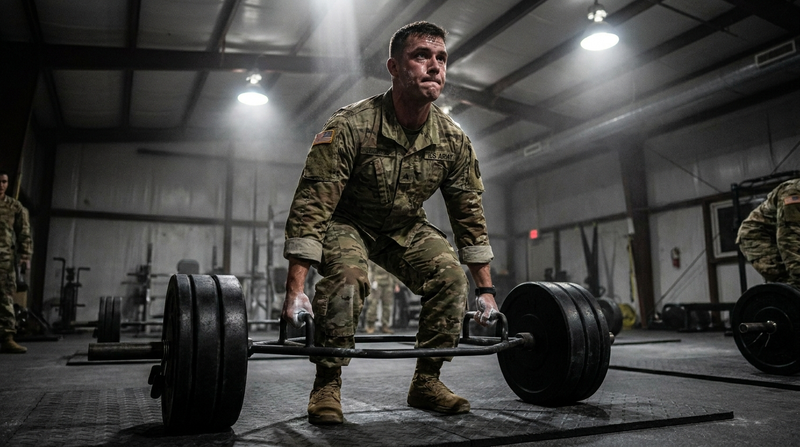 U.S. Army soldier performing hex bar deadlift for ACFT training
