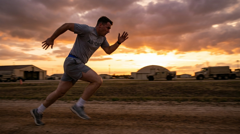 U.S. Air Force airman sprinting during PT test training