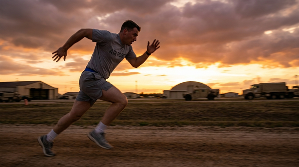U.S. Air Force airman sprinting during PT test training