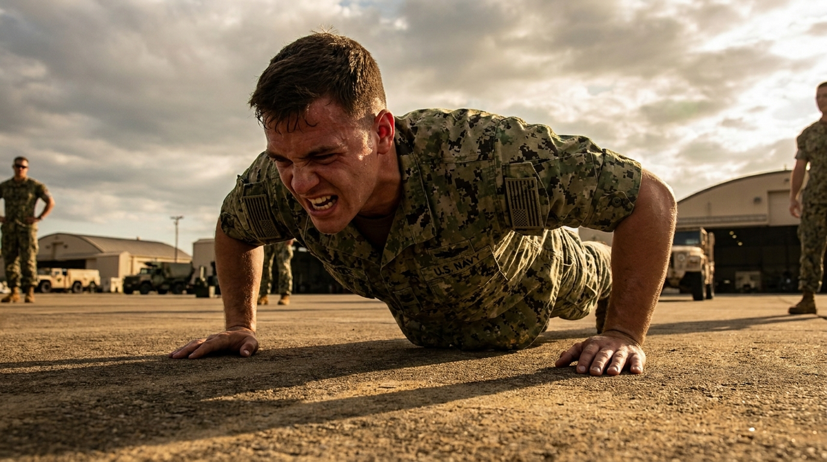 U.S. Navy sailor doing push-ups during Navy PRT training