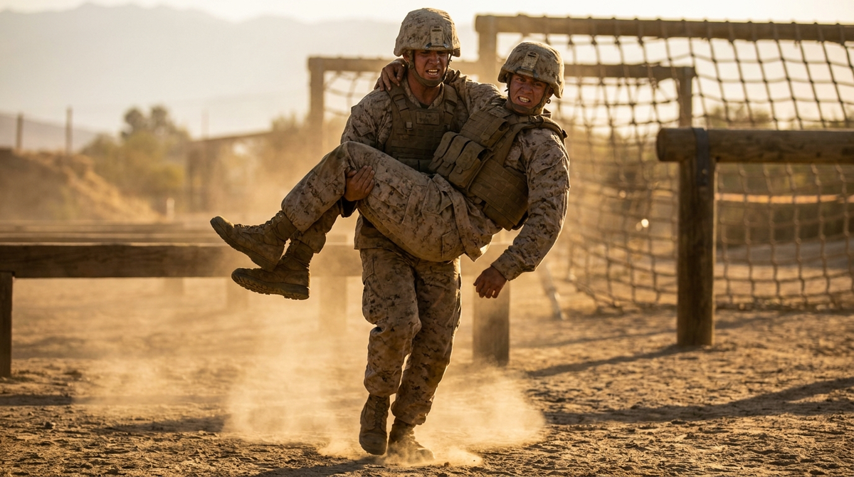 Two U.S. Marines performing a fireman's carry during USMC CFT training
