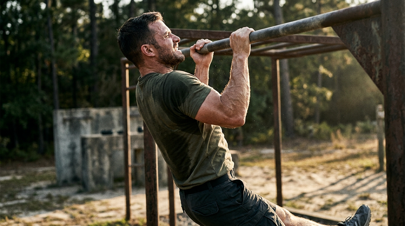 Athlete doing pull-ups on an outdoor bar