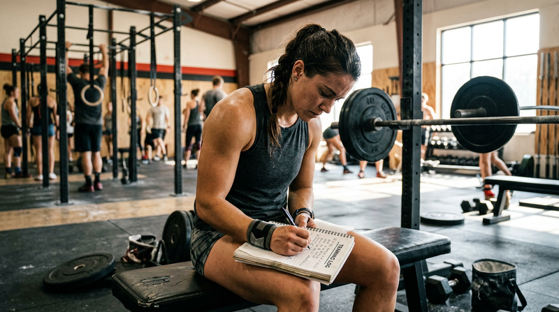 Hybrid athlete writing in training journal at the gym