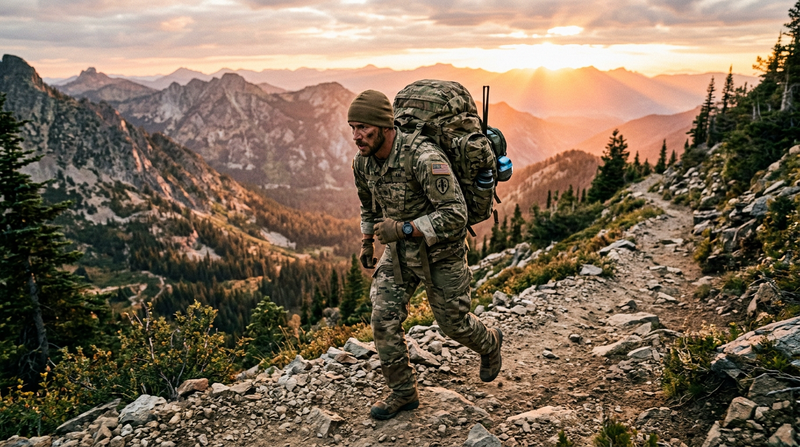 Military athlete rucking on a trail with heavy backpack
