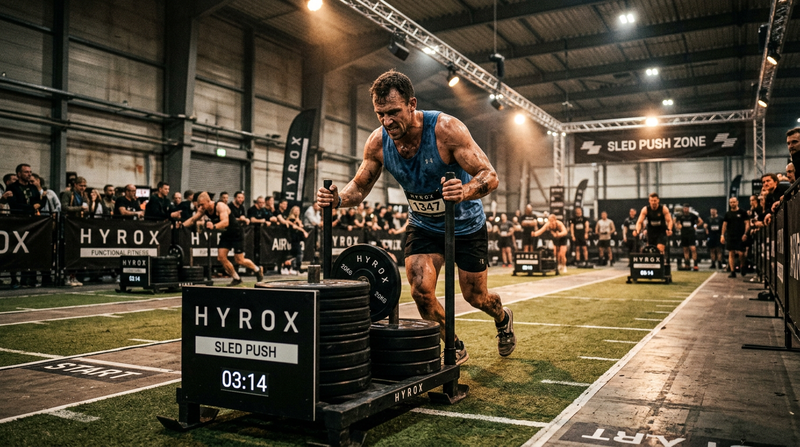 Athlete pushing a sled at Hyrox race day competition