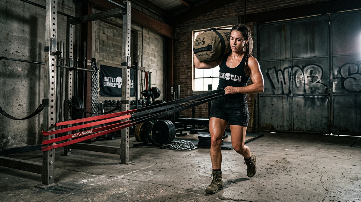 Battle Bunker athlete training with sandbag and resistance bands