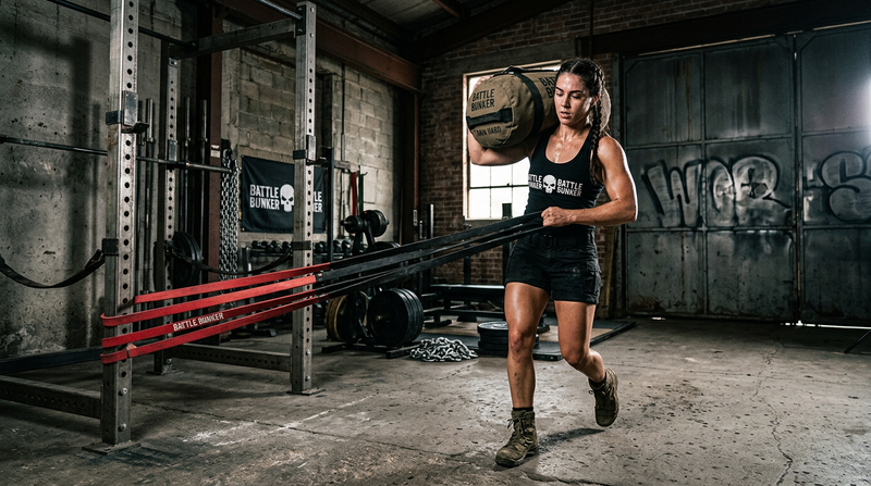 Battle Bunker athlete training with sandbag and resistance bands