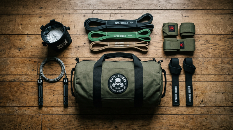 Battle Bunker fitness gear including resistance bands, lifting straps and sandbag