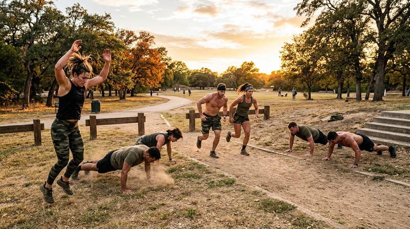 Athletes doing outdoor workout circuit at golden hour