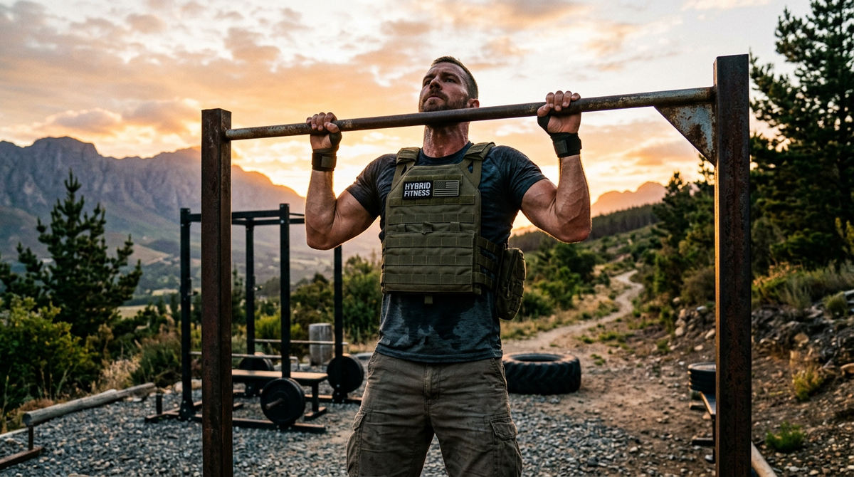 Athlete wearing weight vest doing pull-ups outdoors at sunrise