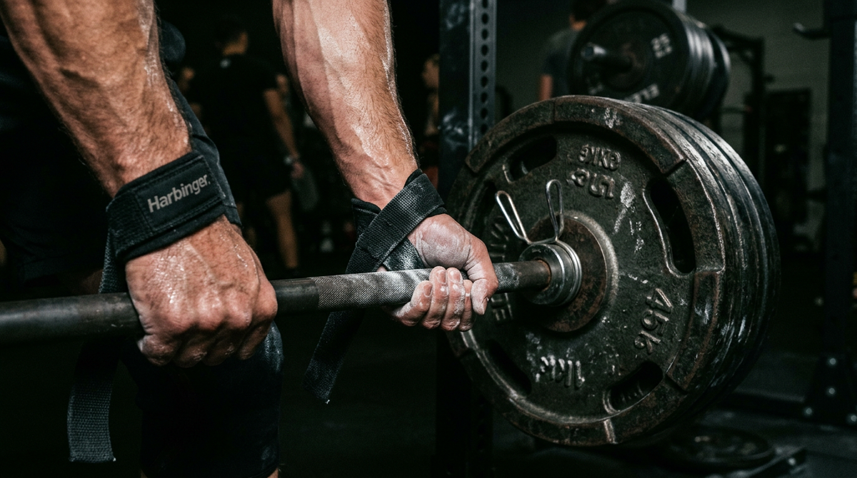 Hands gripping a barbell with lifting straps for heavy deadlifts