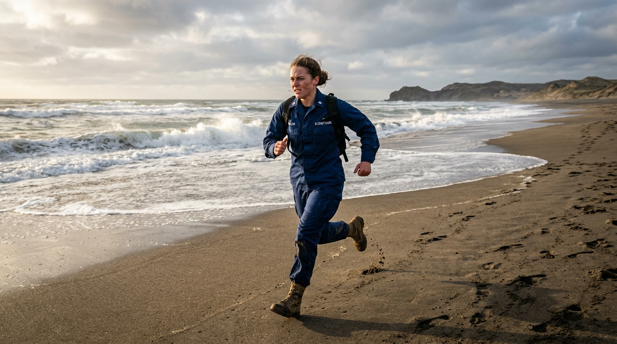 Coast Guard candidate running on beach for military fitness training