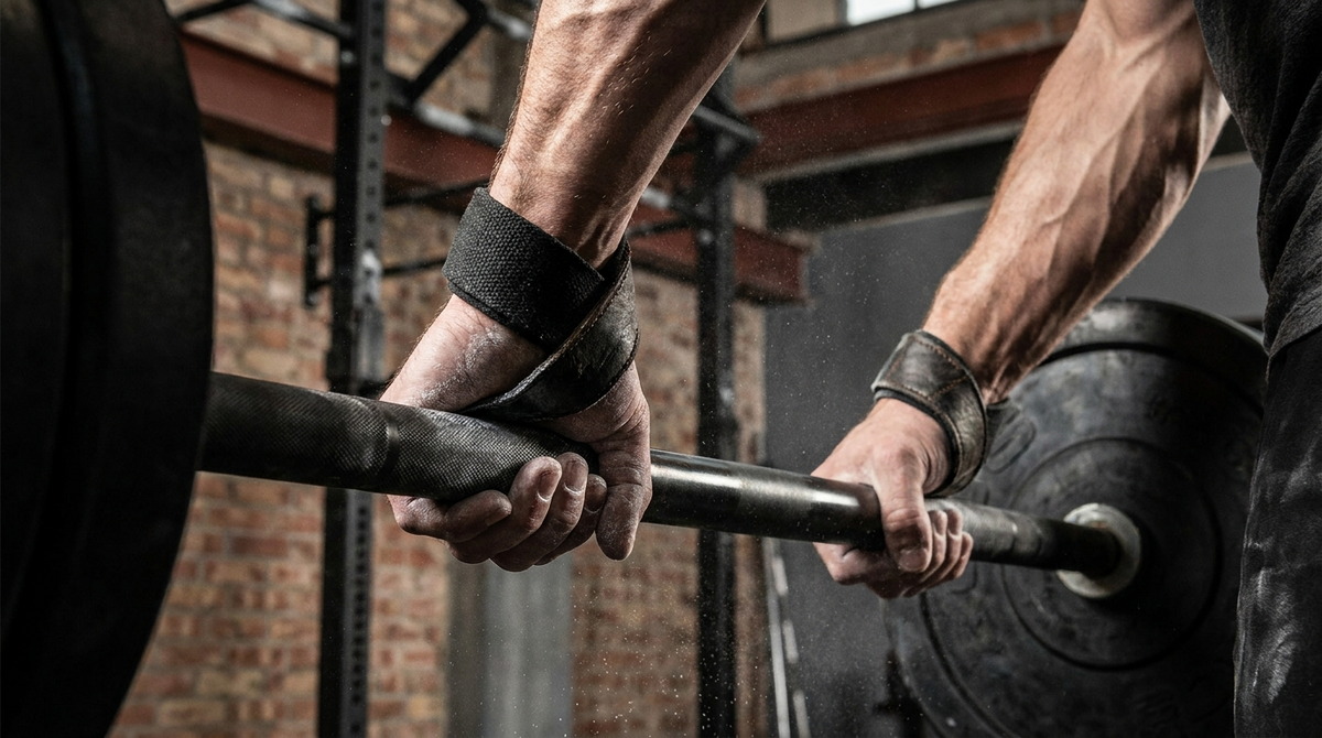 Athlete's hands wrapped in lifting straps gripping a loaded barbell for a heavy deadlift