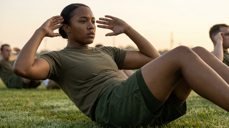 Service member performing crunches outdoors during a physical fitness test