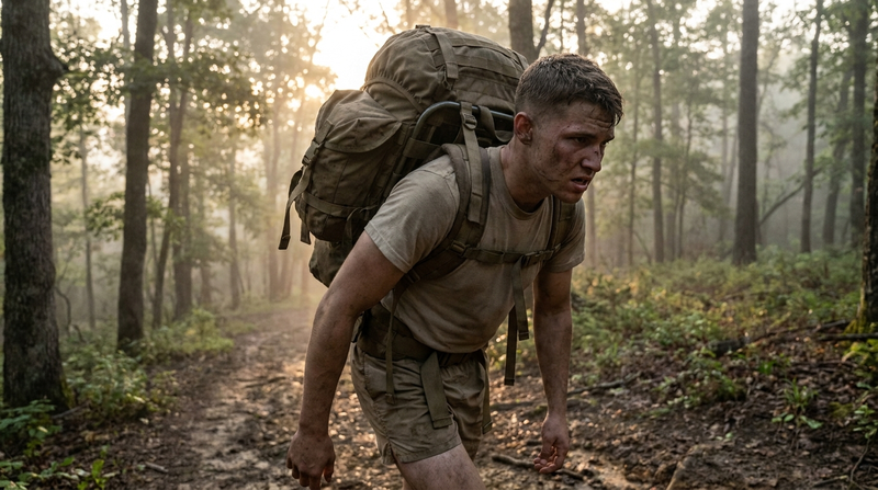 Army Ranger candidate rucking with a heavy pack up a forest trail at dawn