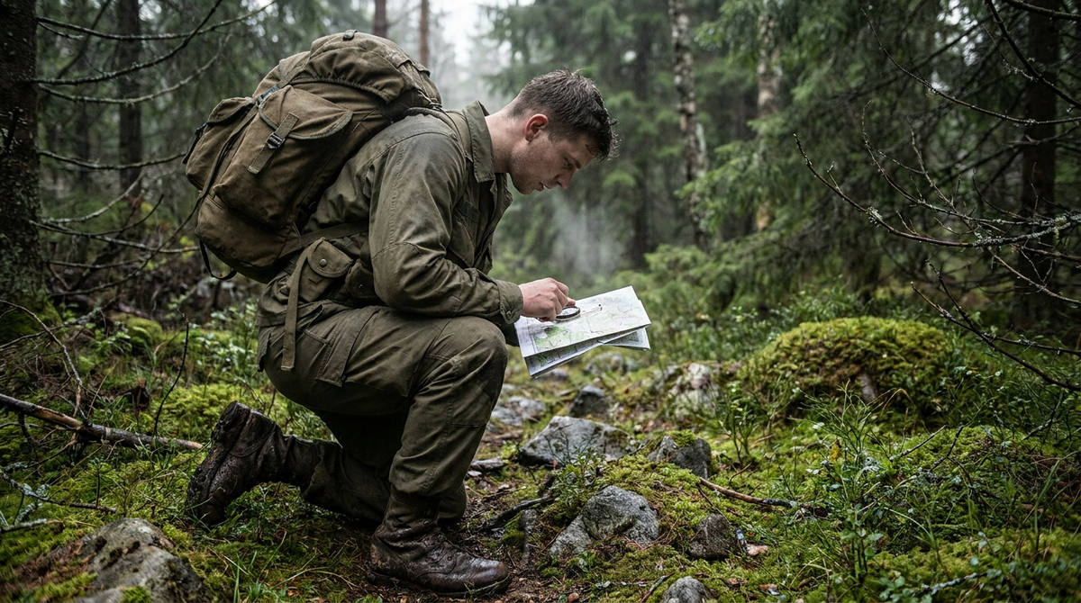 Soldier navigating rugged wooded terrain with a map and compass while carrying a rucksack