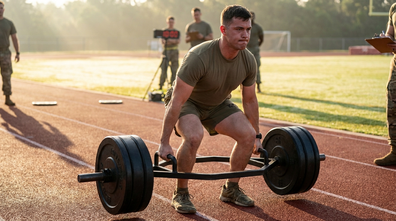 Soldier performing a heavy trap bar deadlift on a track during a fitness test