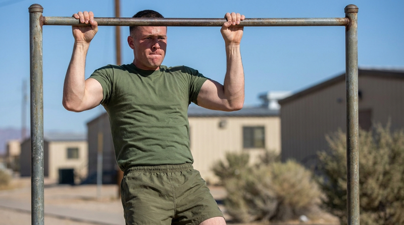 Marine performing pull-ups on an outdoor bar in daylight