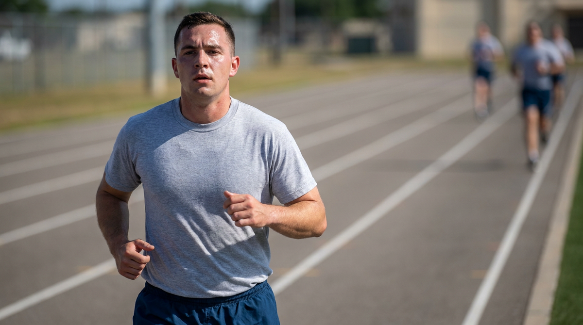 Airman running on an outdoor track during a fitness test