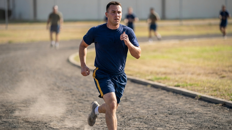 Sailor running on an outdoor track during a Navy physical readiness test