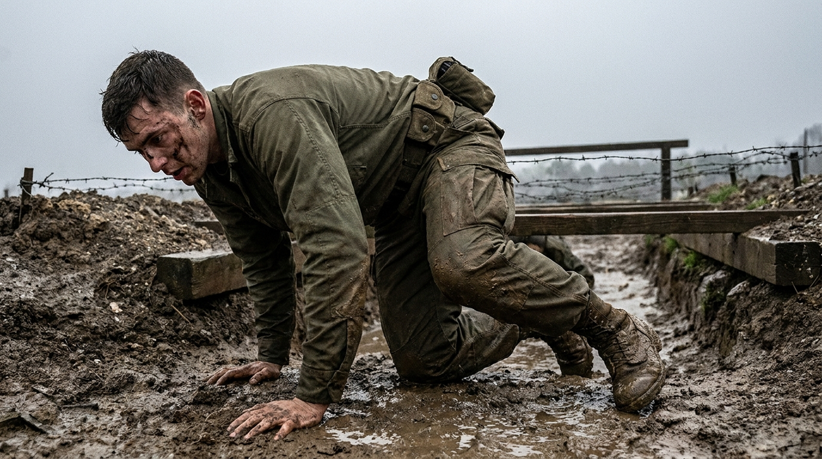 Soldier low-crawling through a muddy obstacle course