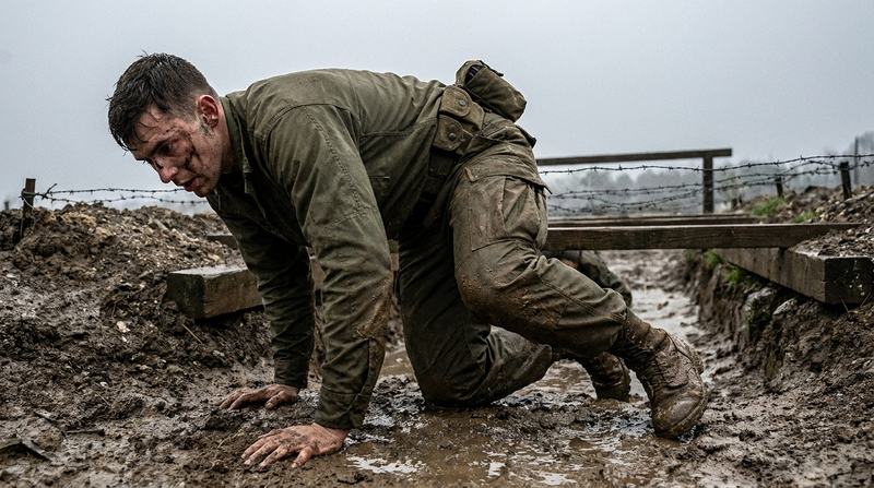 Soldier low-crawling through a muddy obstacle course