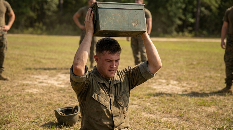 Marine lifting an ammo can overhead during the Combat Fitness Test
