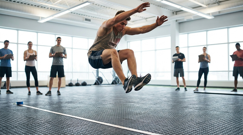 Recruit performing a standing long jump during a physical assessment