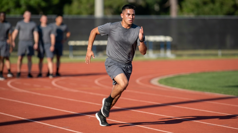 Police academy recruit running on a track during a fitness test