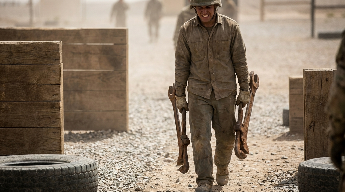 Candidate carrying heavy equipment during a physical ability test
