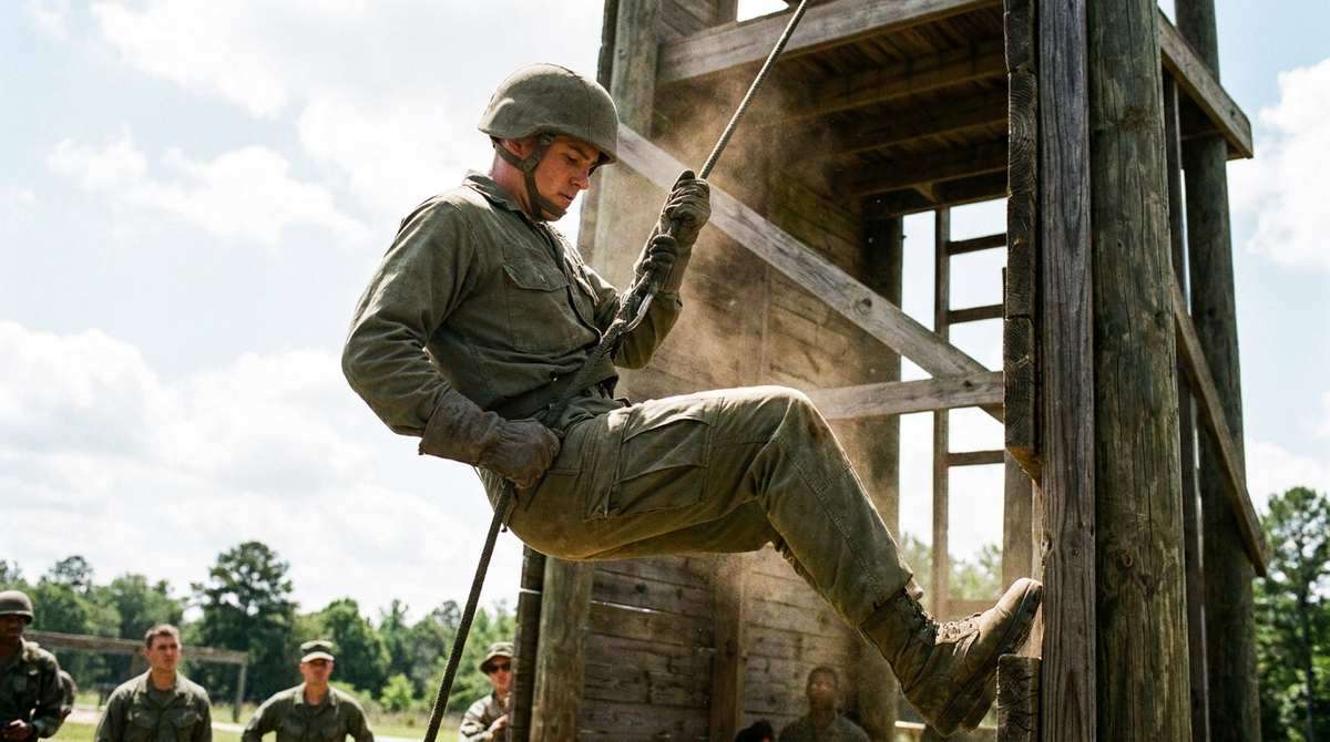 Soldier rappelling down a training tower