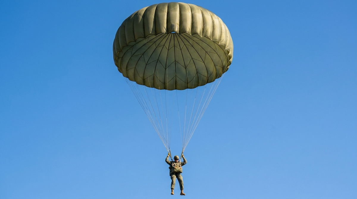 Paratrooper descending under an open parachute