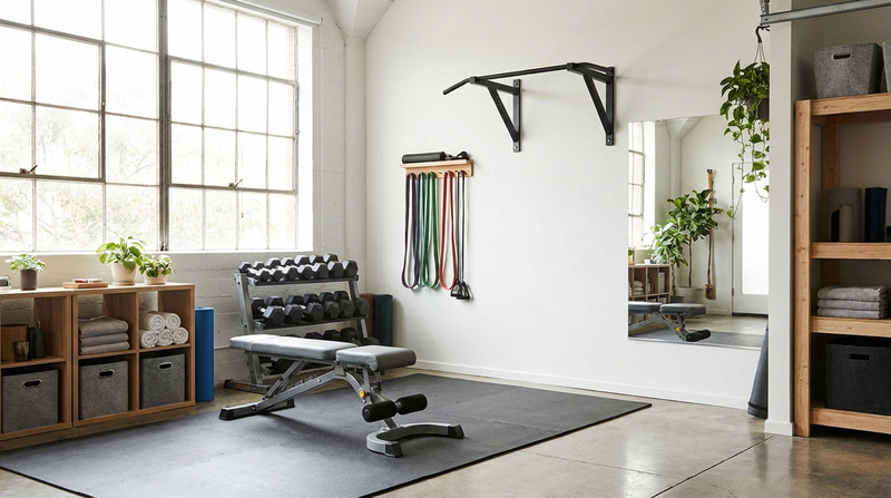 A clean garage home gym with a pull-up bar, resistance bands, and weights