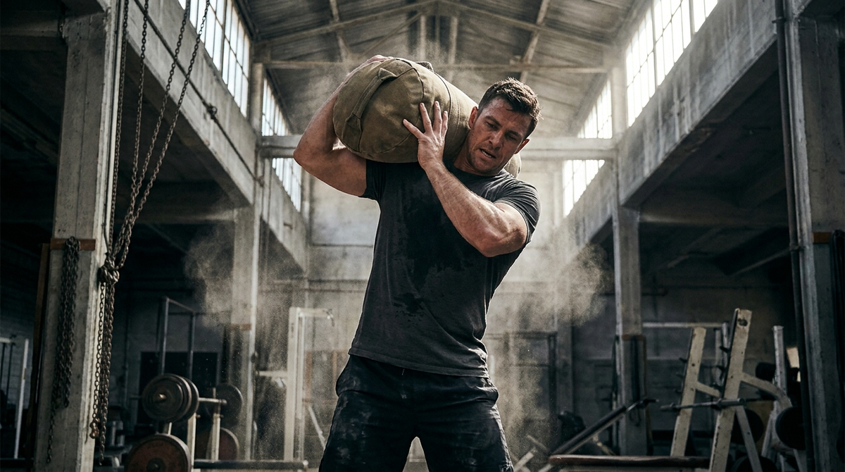 Athlete lifting a heavy training sandbag to the shoulder